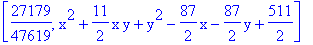 [27179/47619, x^2+11/2*x*y+y^2-87/2*x-87/2*y+511/2]